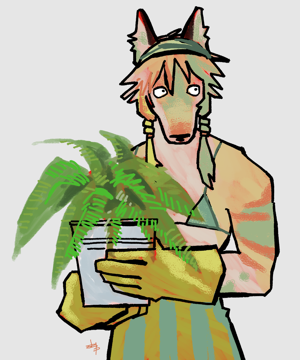 a furry wolf-like character belonging to artfight user 12345cars with a red and orange
	  colour scheme. he is wearing yellow gardening gloves and is holding a plant resembling a fern in a metal bucket.